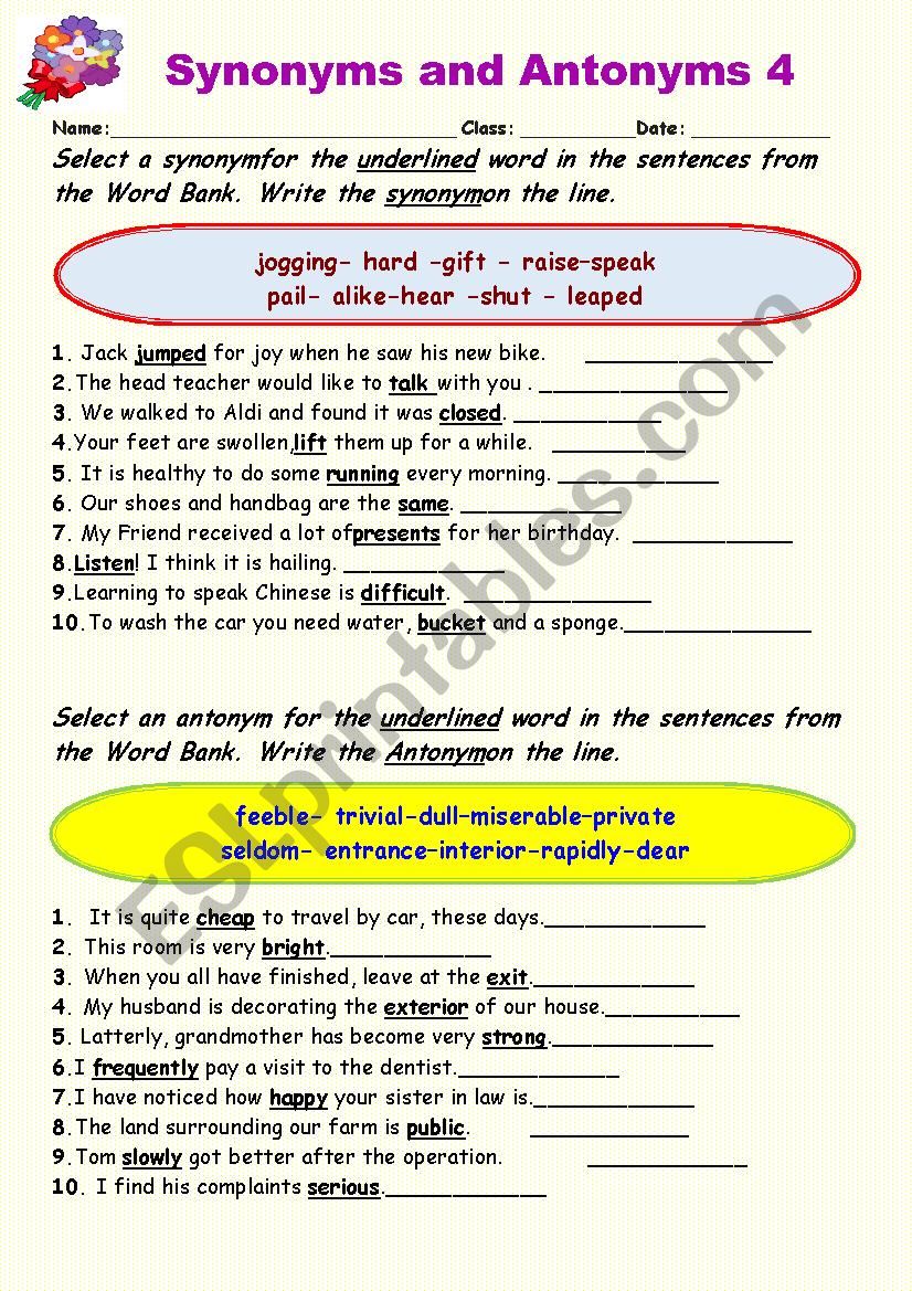 Synonyms vs Antonyms 4 worksheet