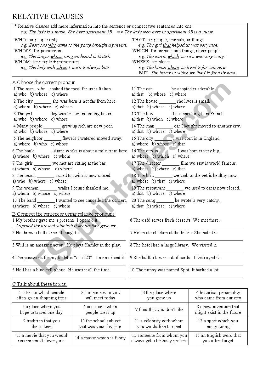 Relative Clauses worksheet