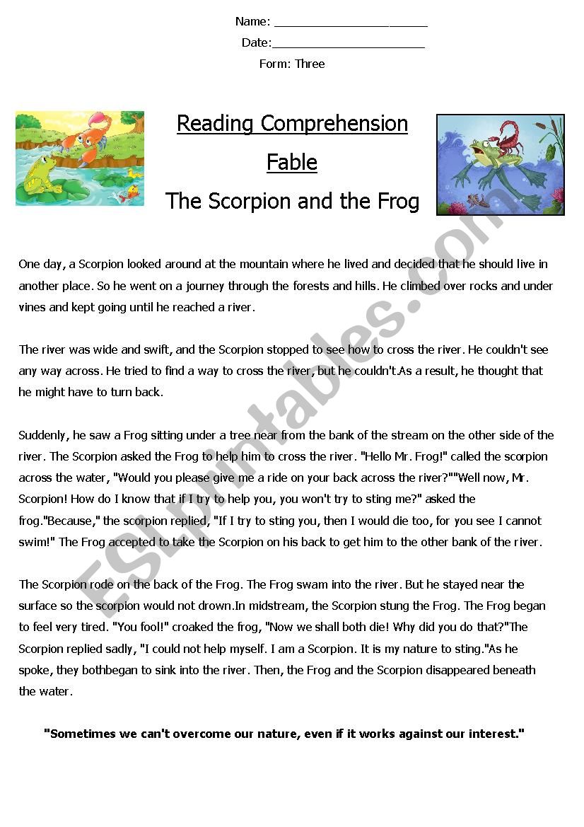 Reading Comprehension Fable (The Scorpion and the Frog) 