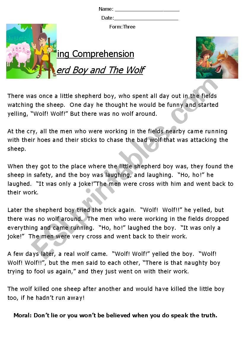Reading Comprehension Â´FableÂ´ (The Shepherd and The Wolf) 
