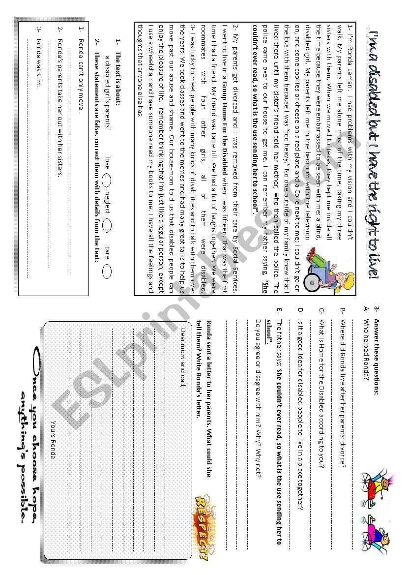 a story of a disabled girl worksheet