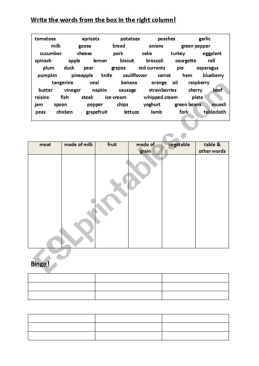 food bingo worksheet