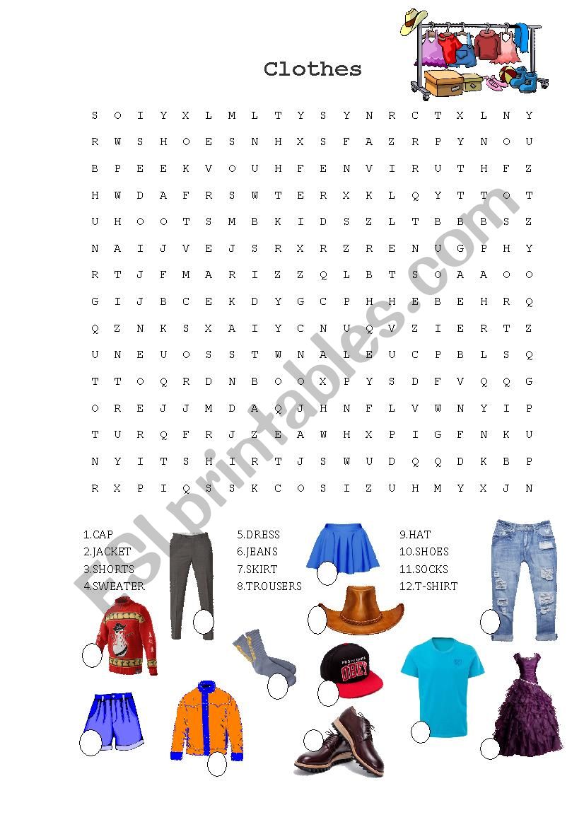 Clothes wordsearch worksheet