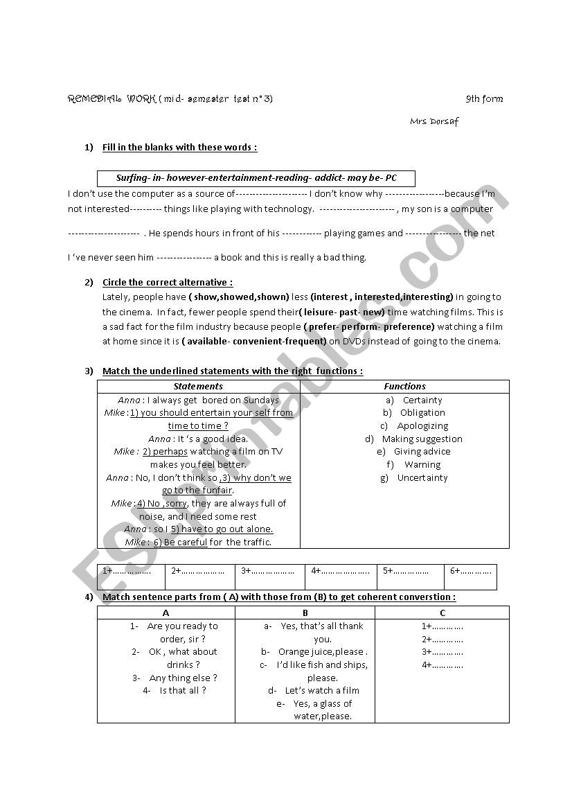 remedial work 9th form worksheet