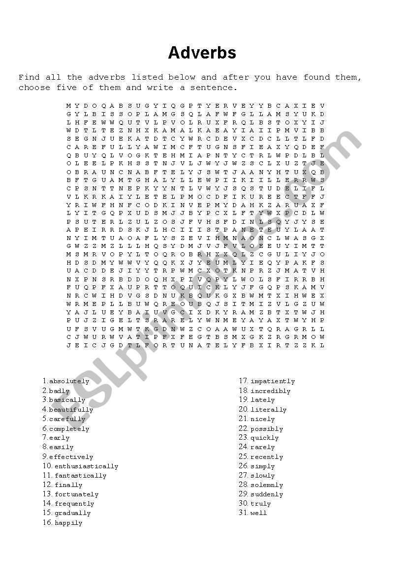 Crossword adverbs worksheet