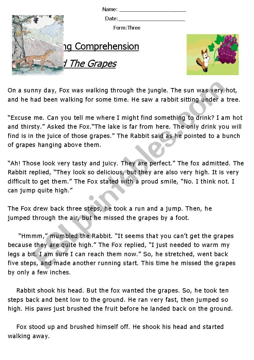 Reading Comprehension Fable (The Fox and The Grapes) 
