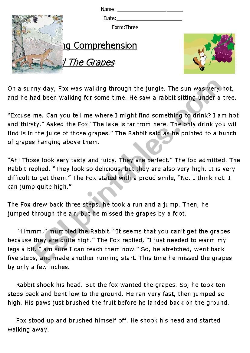 Reading Comprehension Â´FableÂ´ (The Fox and The Grapes) 