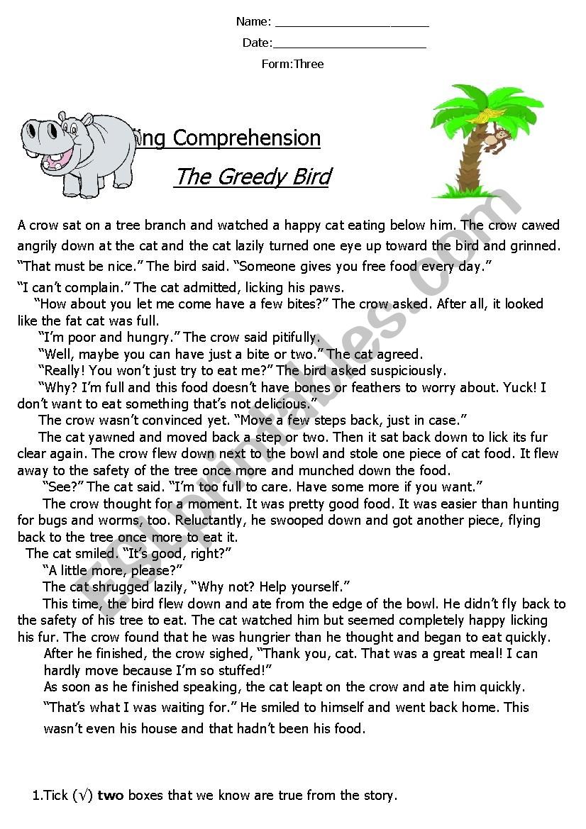 Reading Comprehension Fable (The Greedy Bird) 