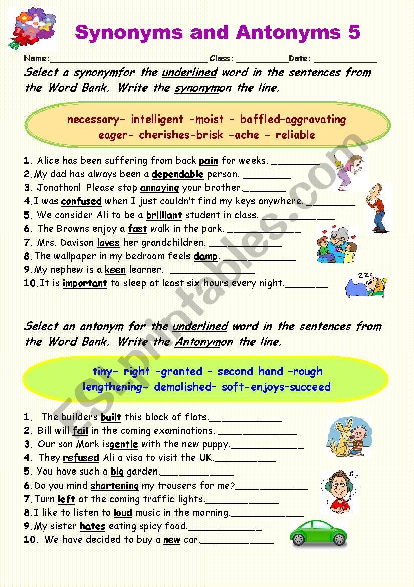 Synonyms vs Antonyms 5 worksheet