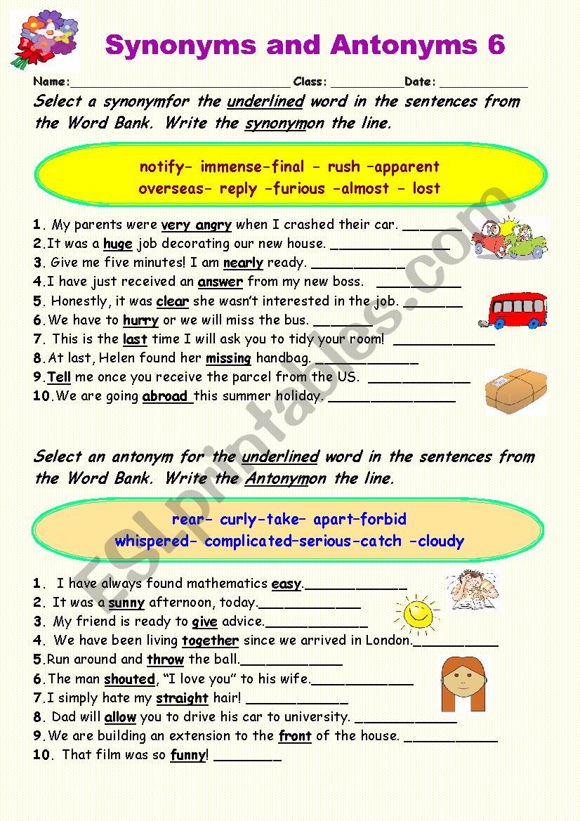 Synonyms And Antonyms 6 Worksheet