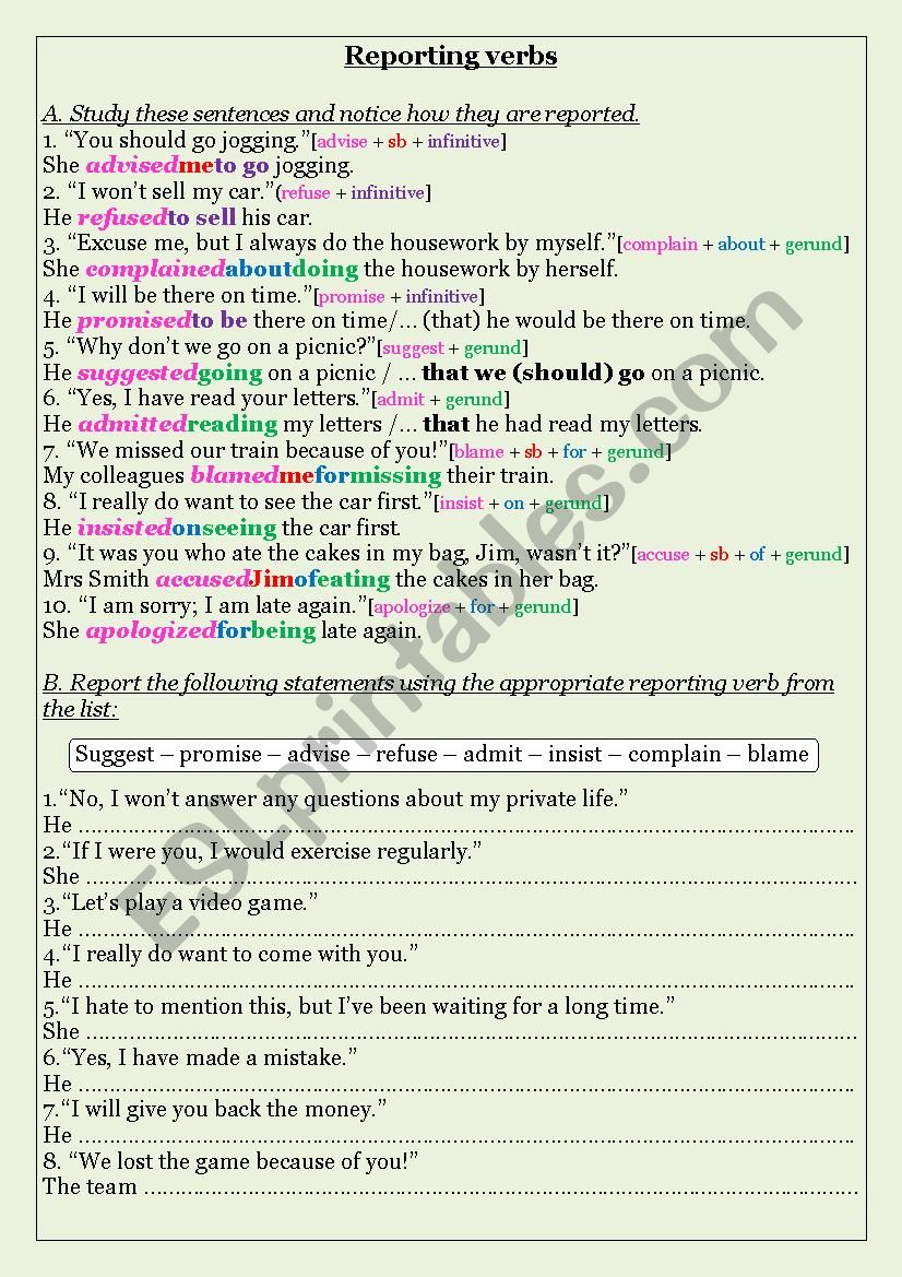 reporting verbs worksheet