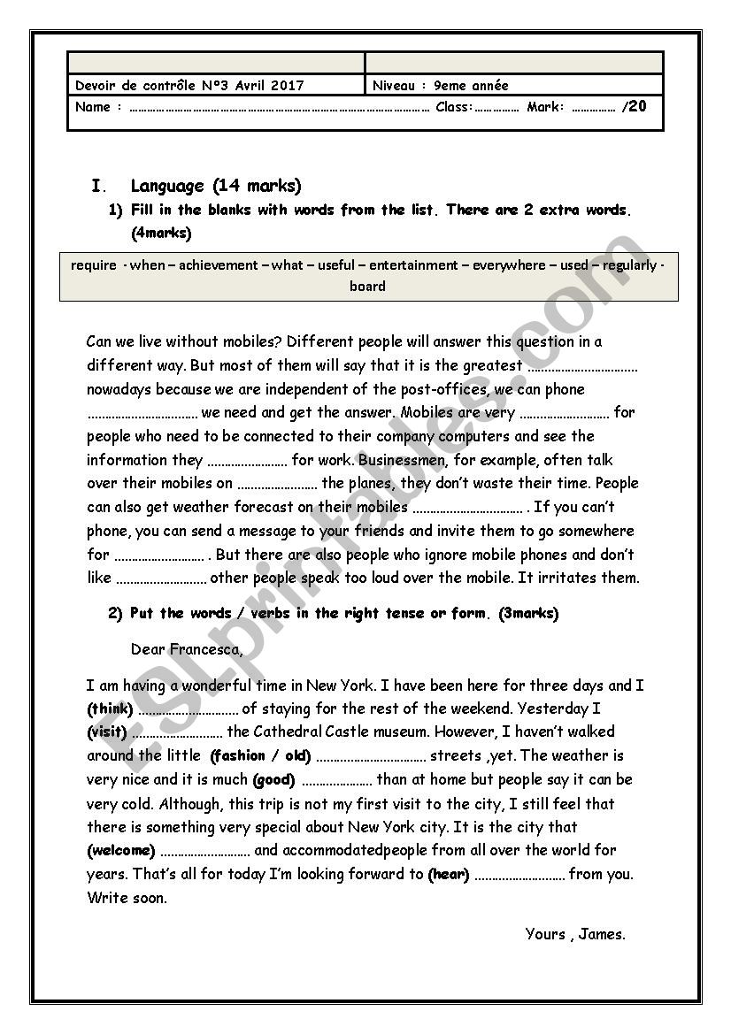 9th form test  worksheet