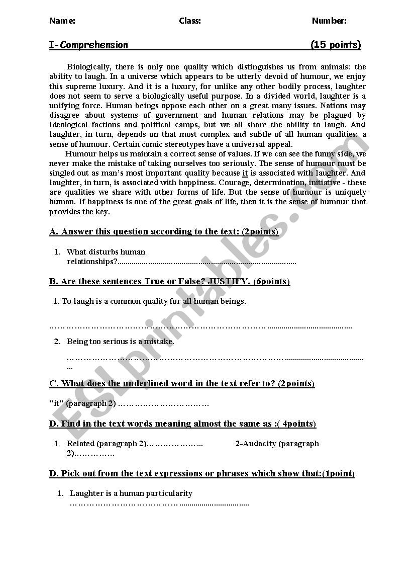 Reading ccomprehension quiz worksheet