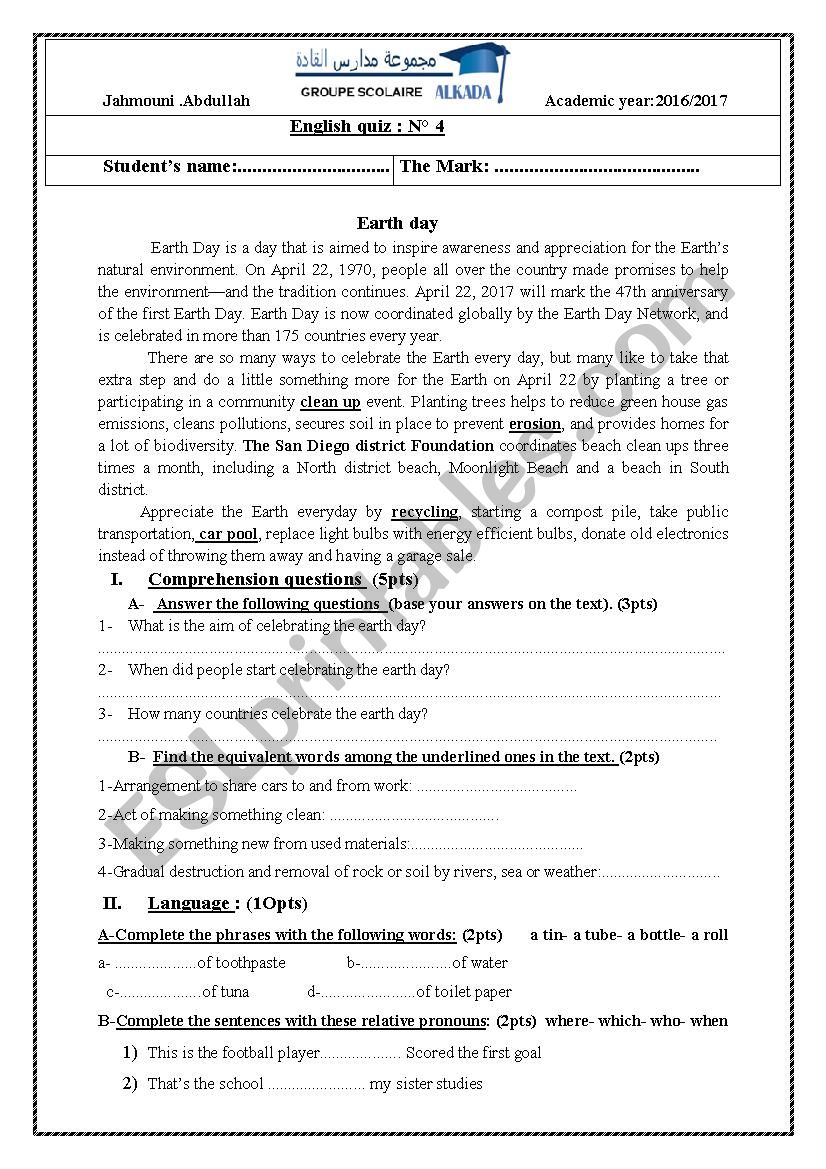 Exam worksheet