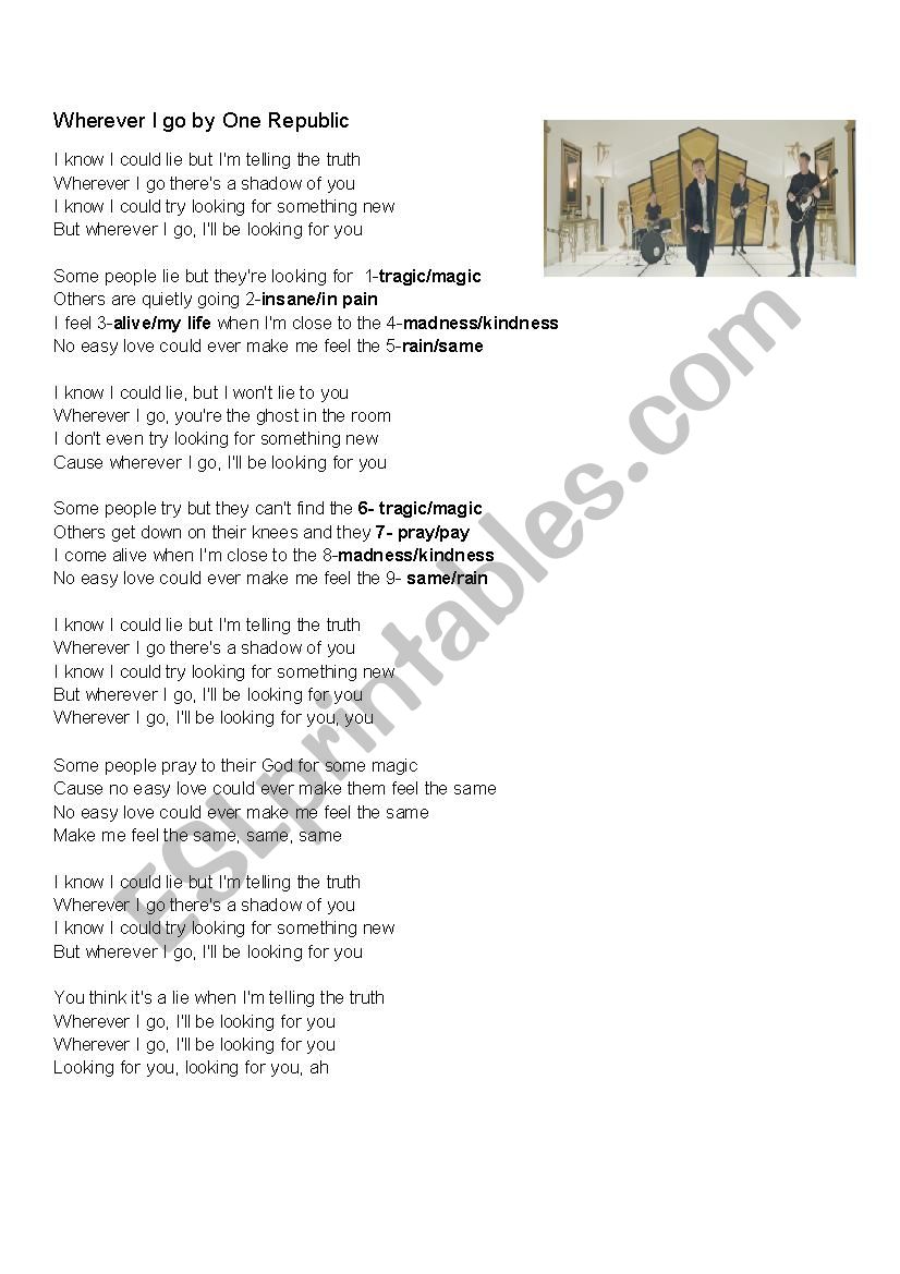 Wherever I go by One Republic worksheet