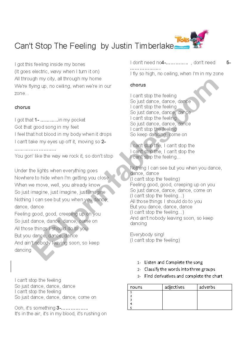 Can´t stop the feeling by Justin Timberlake ESL worksheet by yayuarri