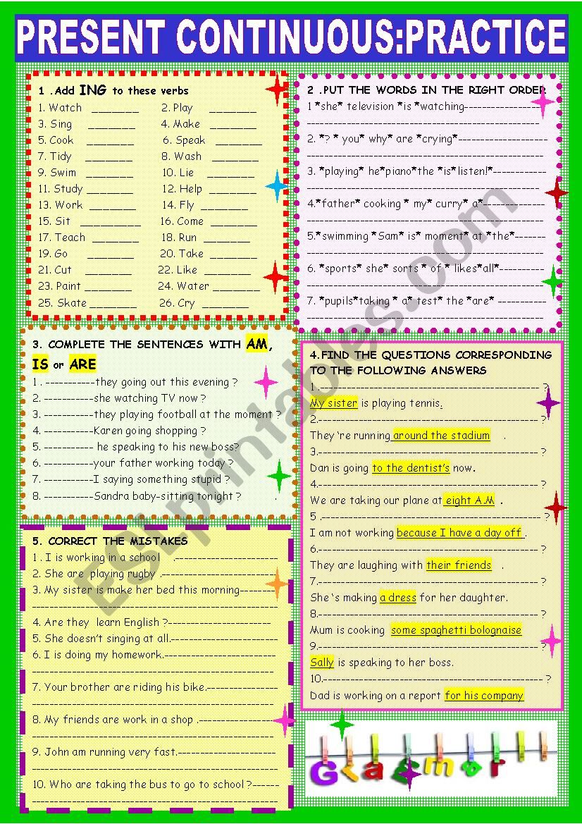 Present continuous: 2 page and 9 exercise pratice