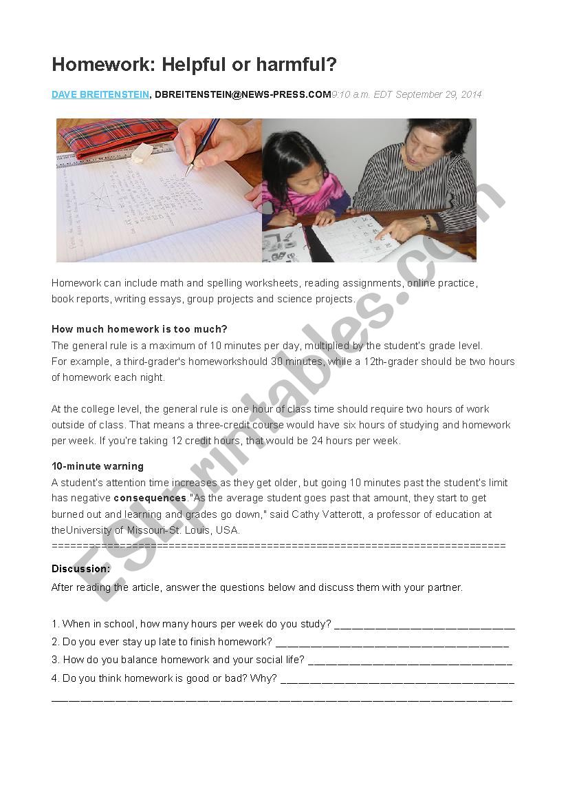 Homework Debate Article worksheet