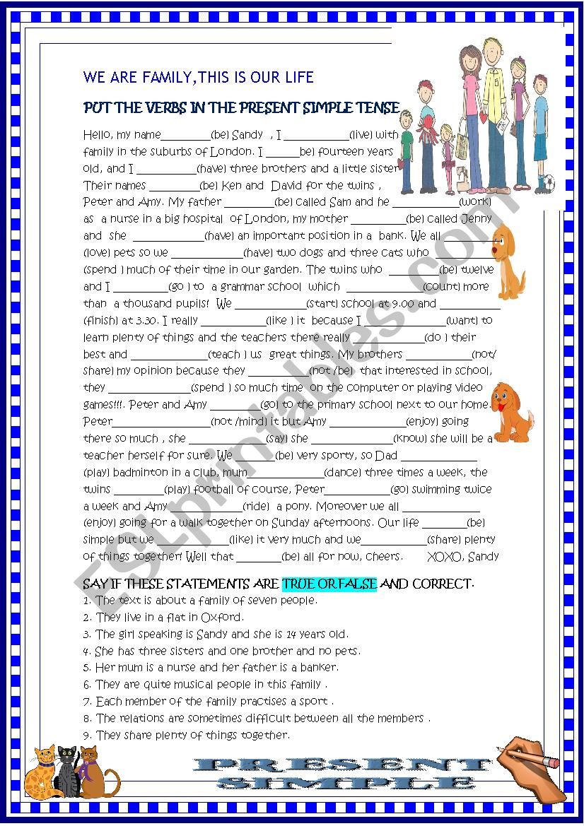 We  are family: present simple and reading comprehension 