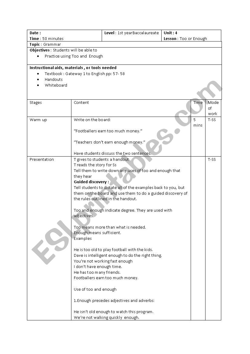 lesson plan of too and enough 