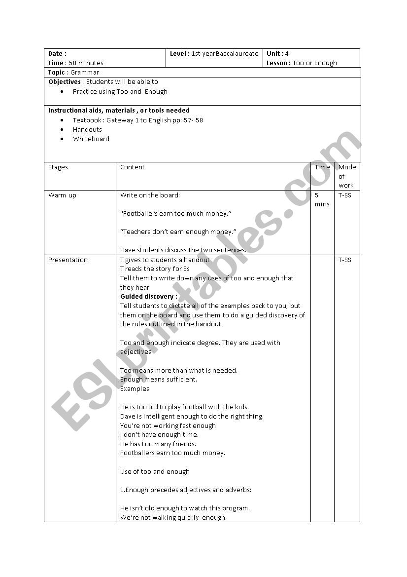 lesson plan of too and enough 