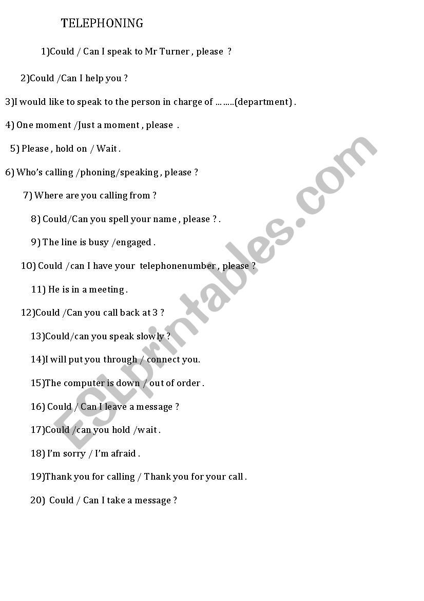  Telephoning Expressions  worksheet