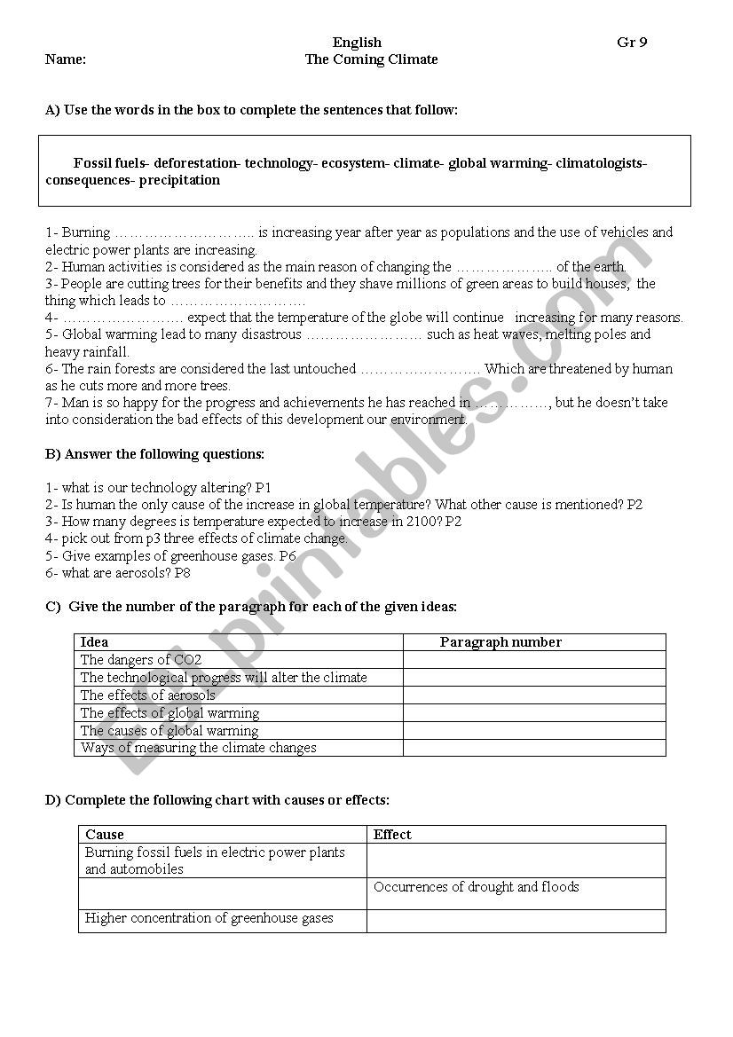 The Coming Climate worksheet