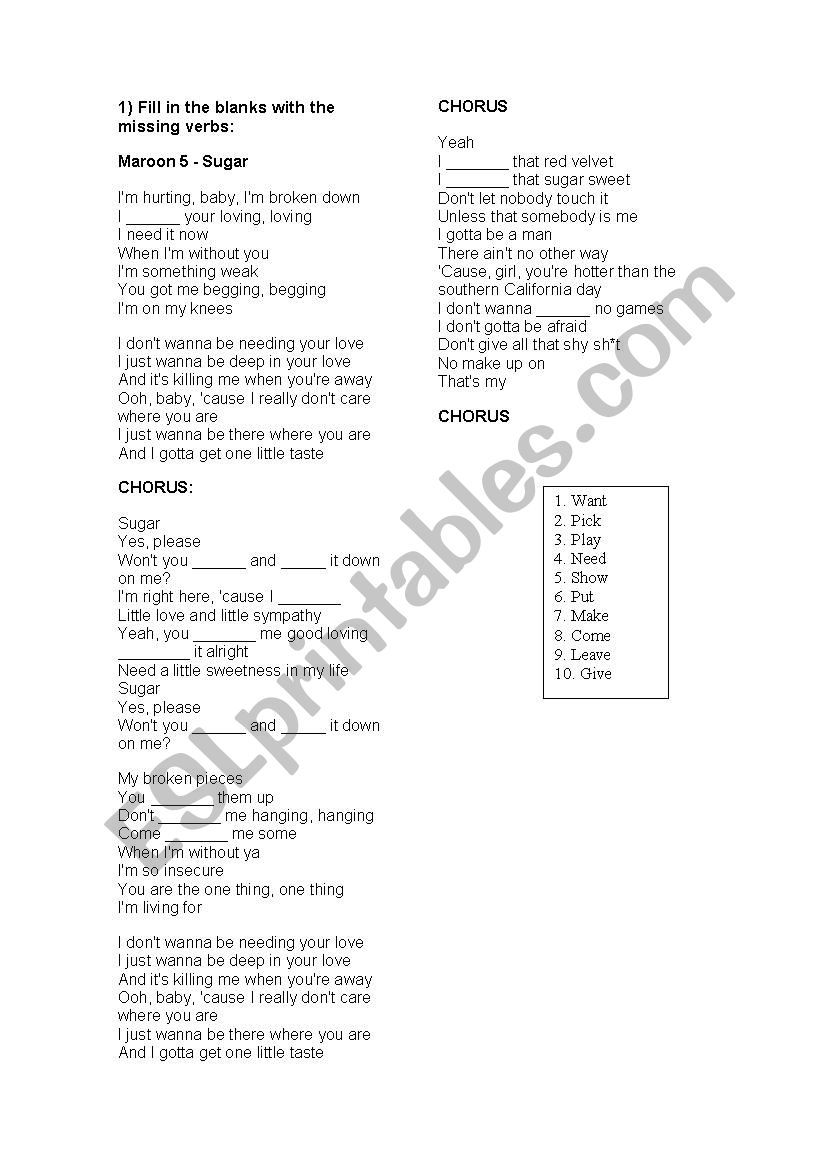 Song Worksheet SUGAR- Maroon 5 beginner 