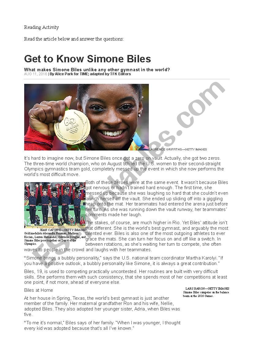 Reading - Simone Biles worksheet