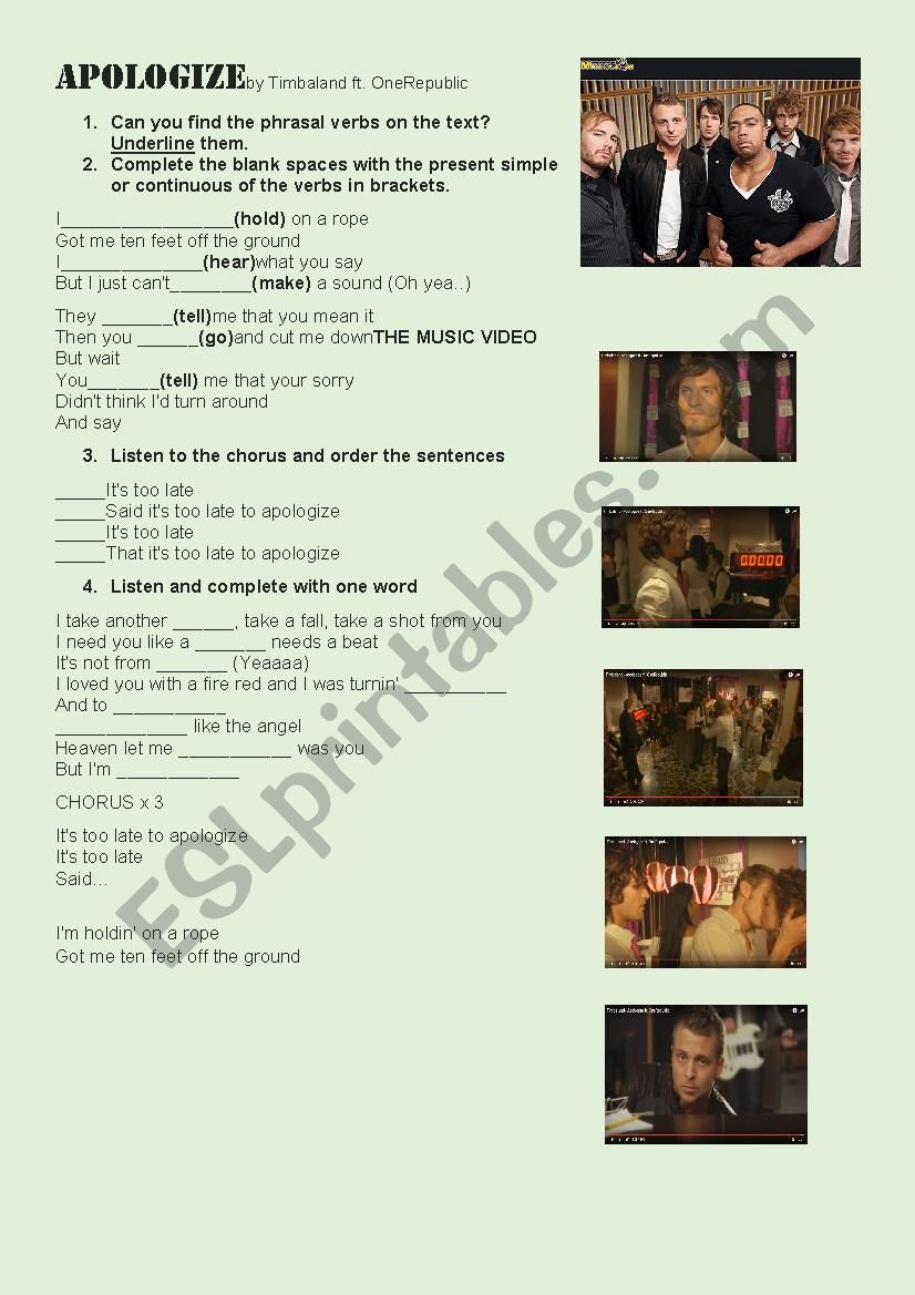 Apologize by OneRepublic worksheet