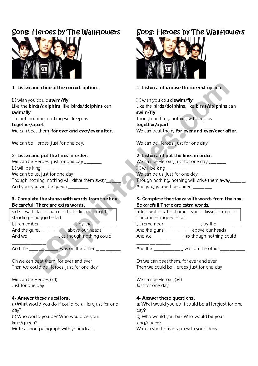 Song Heroes by Wallfowers worksheet