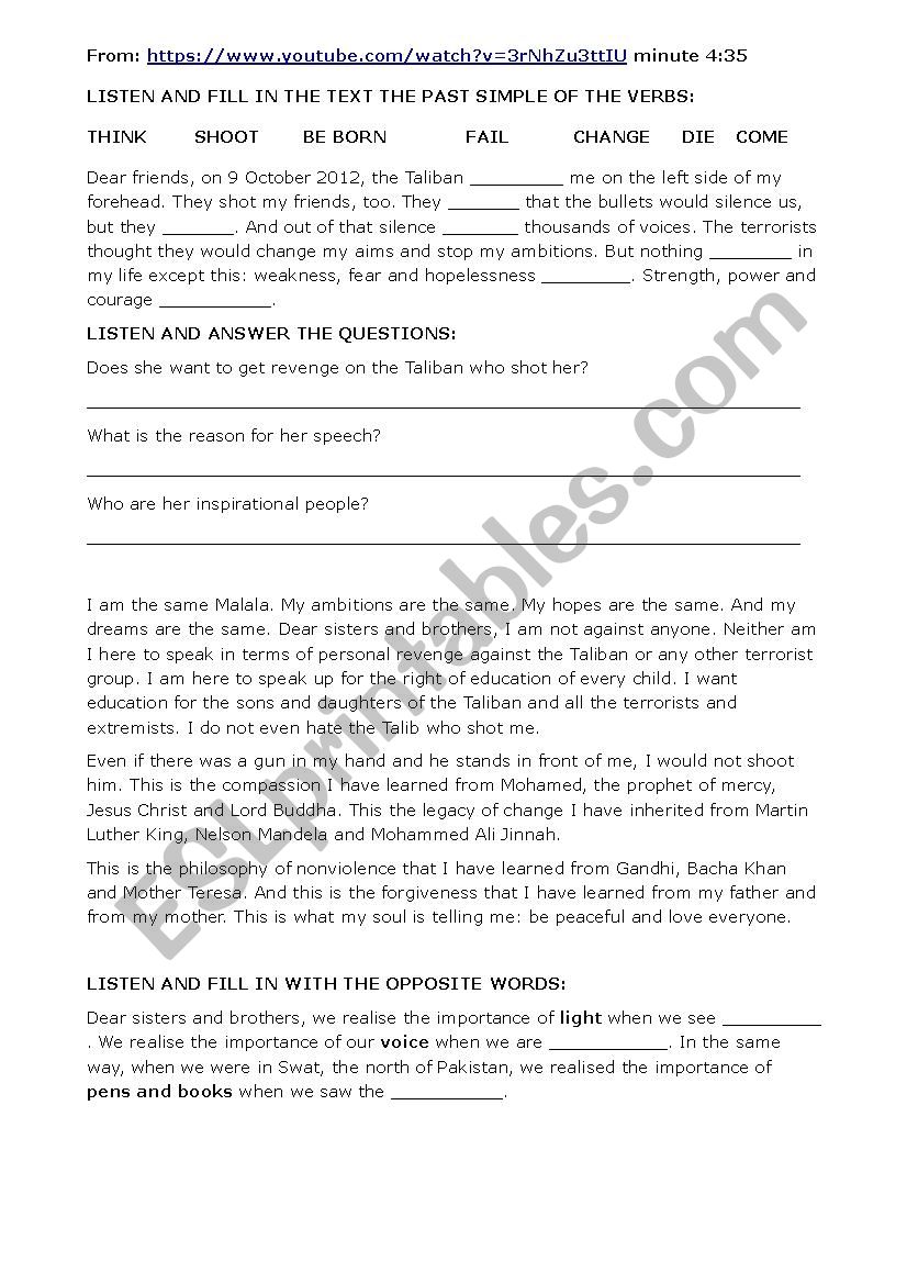 Malala at Unite Nations worksheet