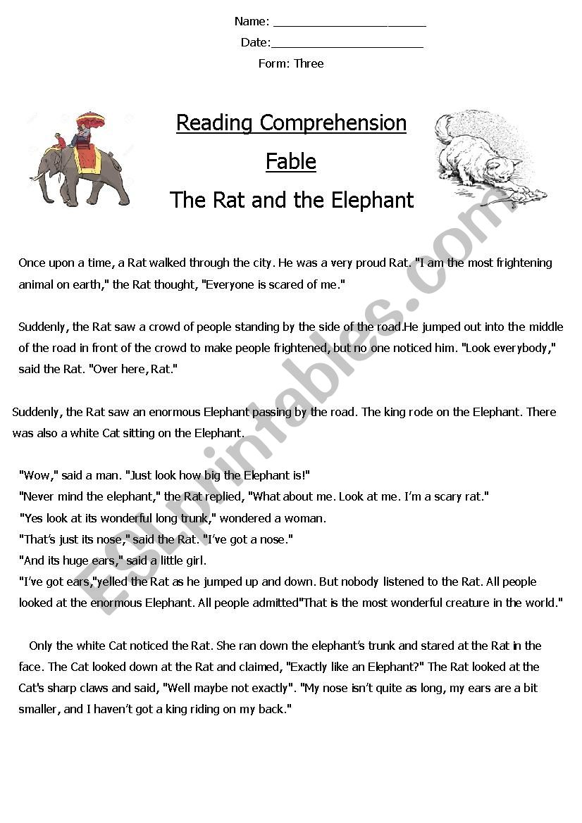 Reading Comprehension Fable (The Rat and The Elephant) 