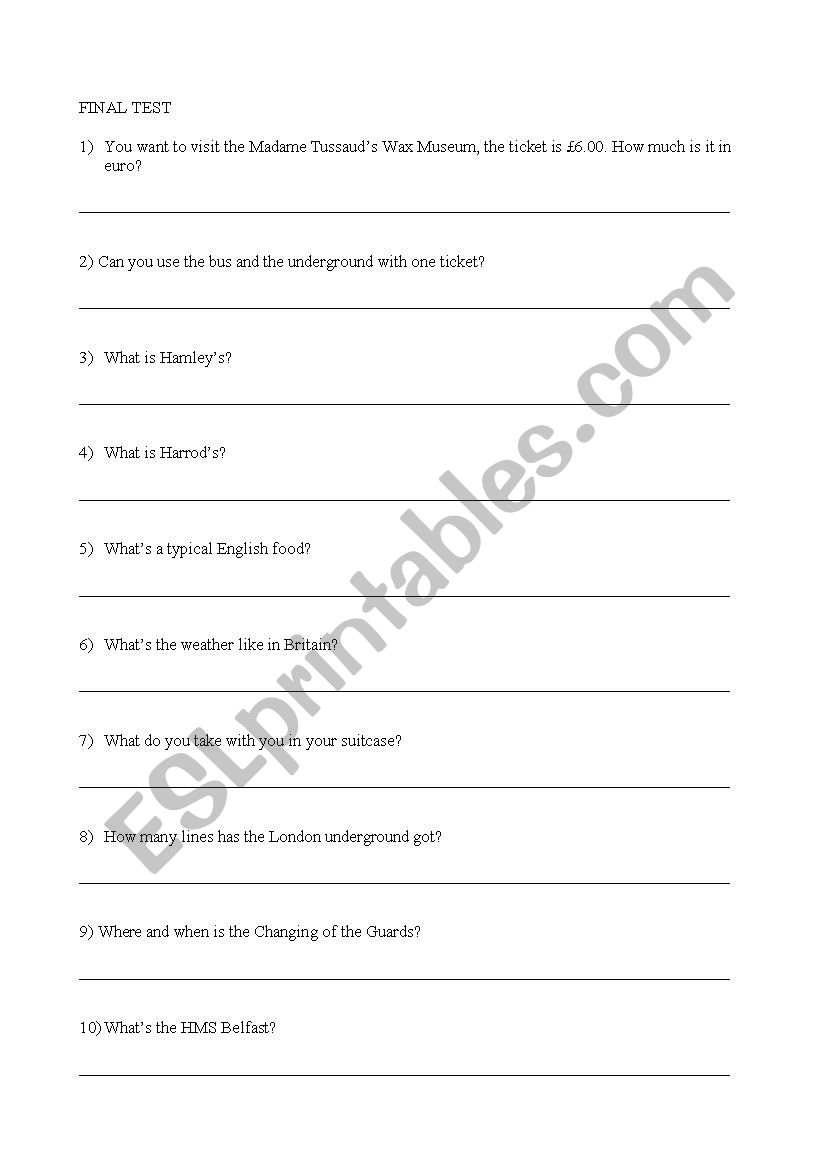 london cooperative final test worksheet