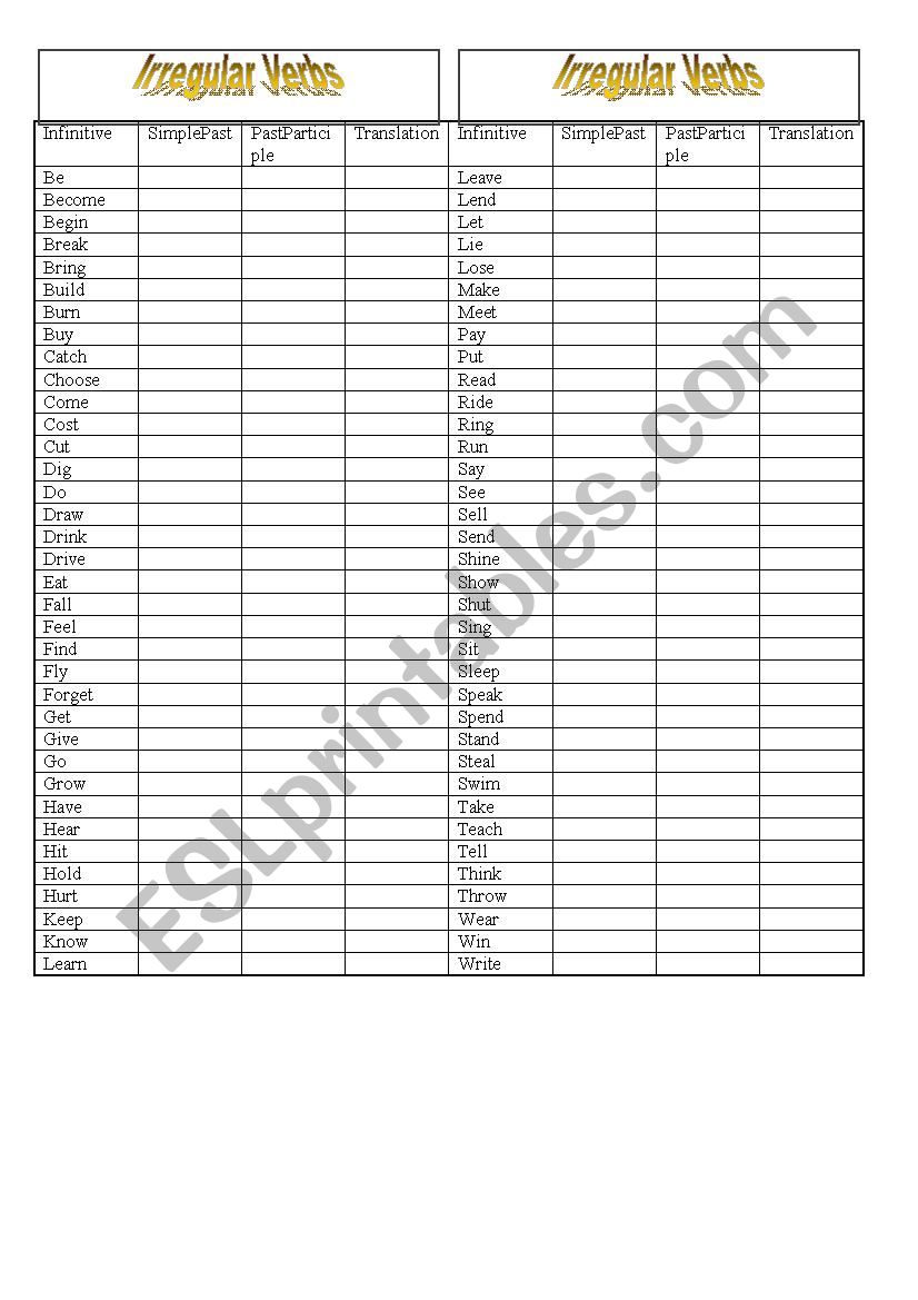 Irregular Verbs worksheet