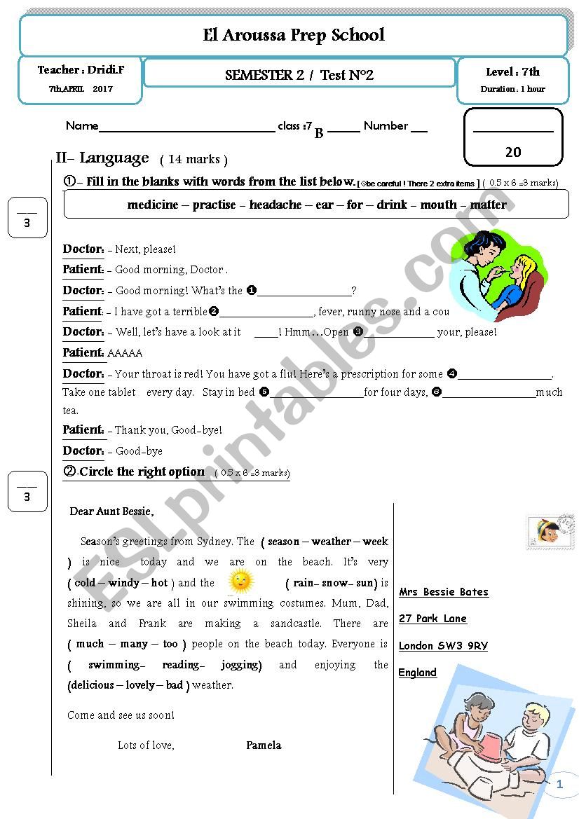 Mid Semester Test for 7th  worksheet