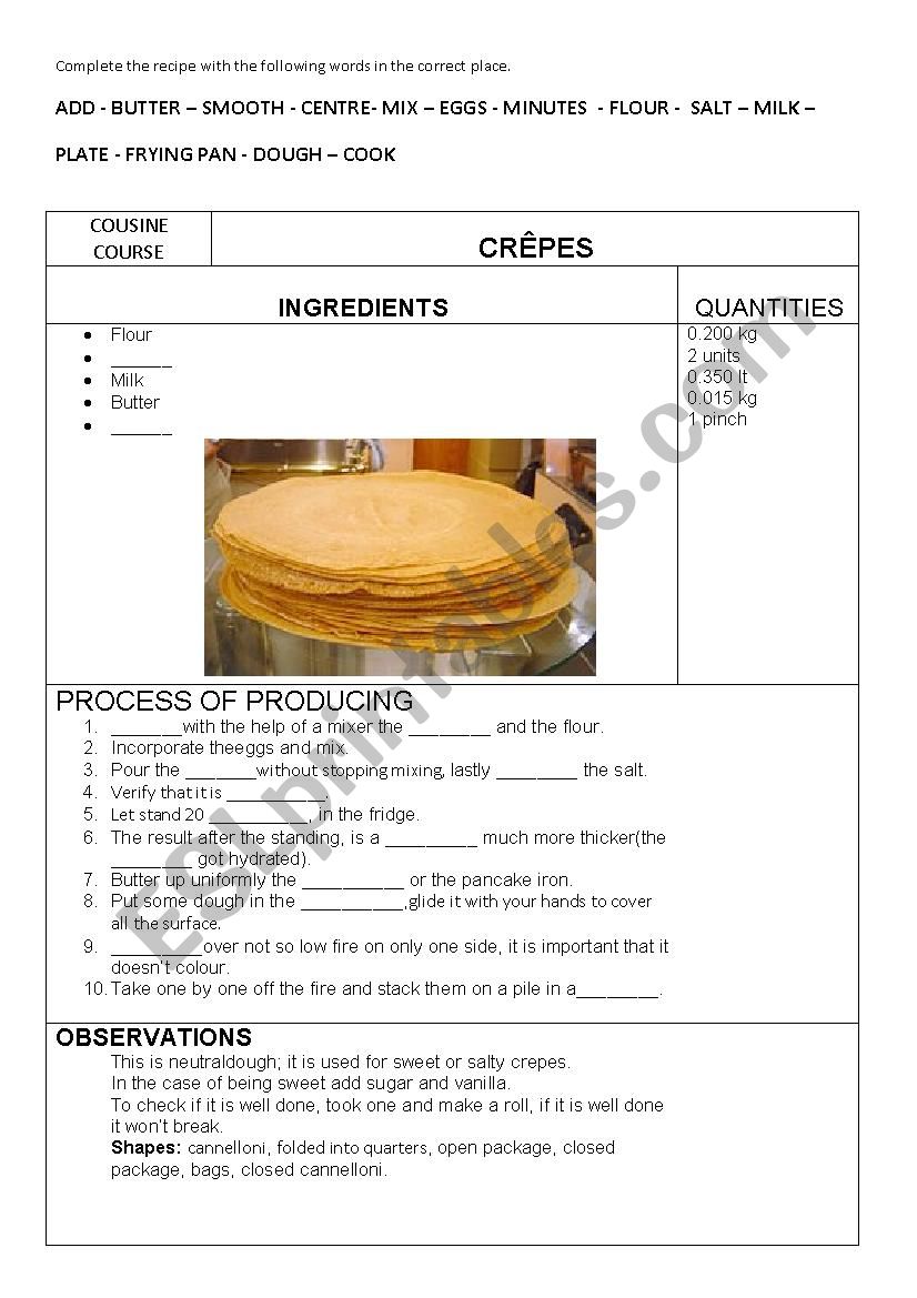 CREPES RECIPE TO FILL IN with key. COUSINE COURSE