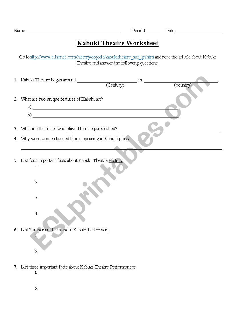 Kabuki Theatre Acitivities  worksheet