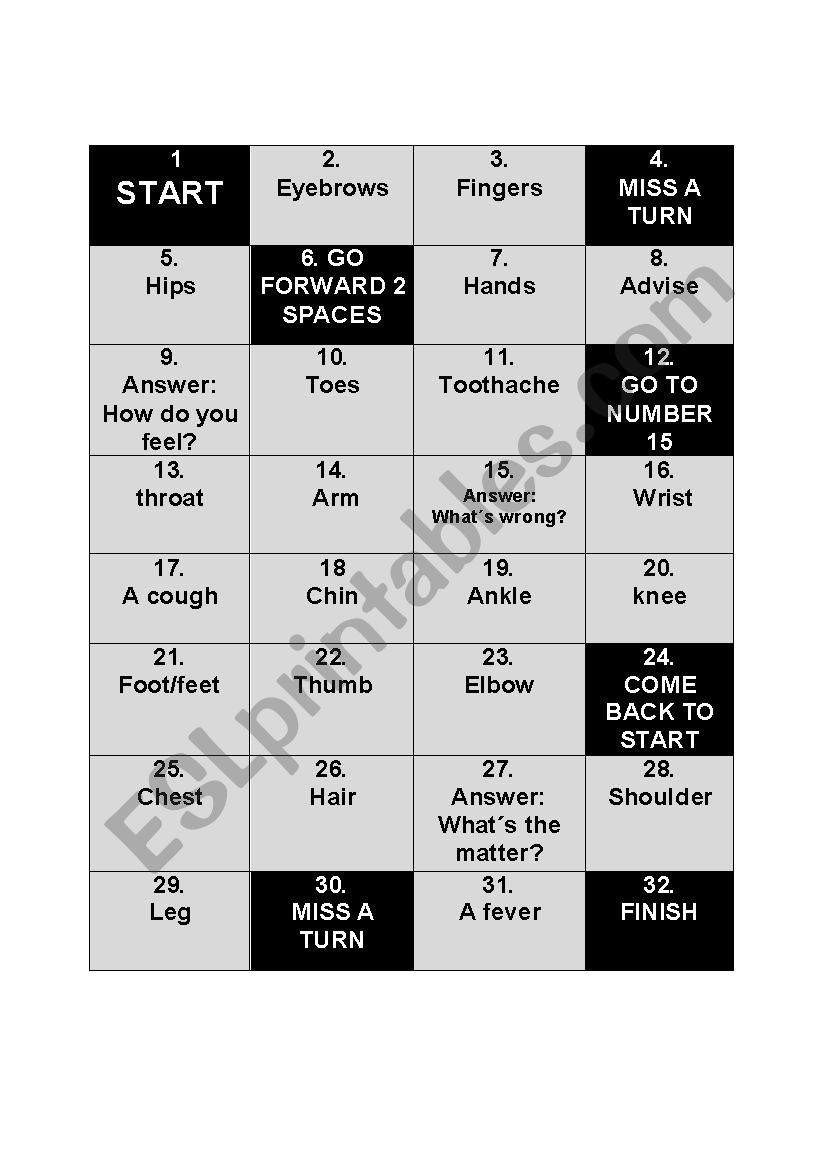 BODY PARTS BOARD GAME worksheet