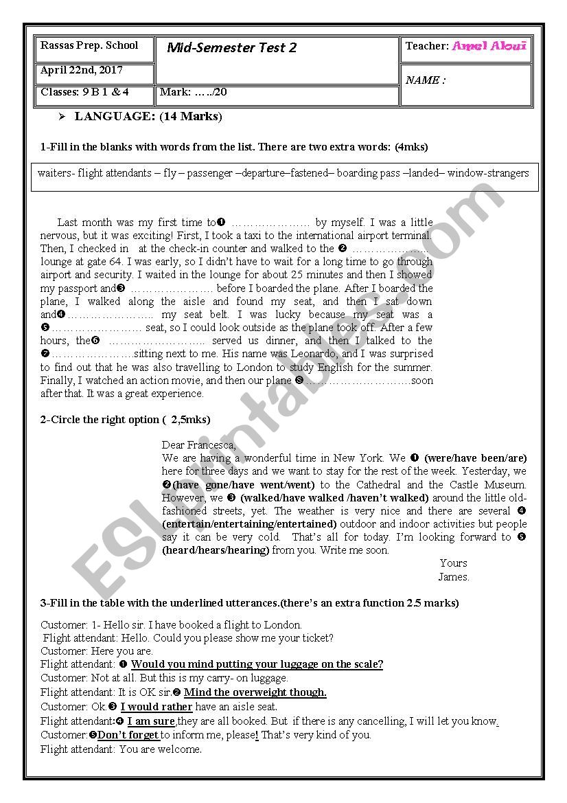 Mid-Semester Test 2 9th Forms worksheet