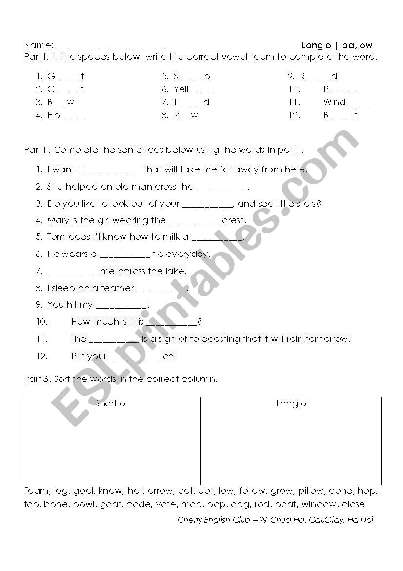 Long o - oa, ow worksheet