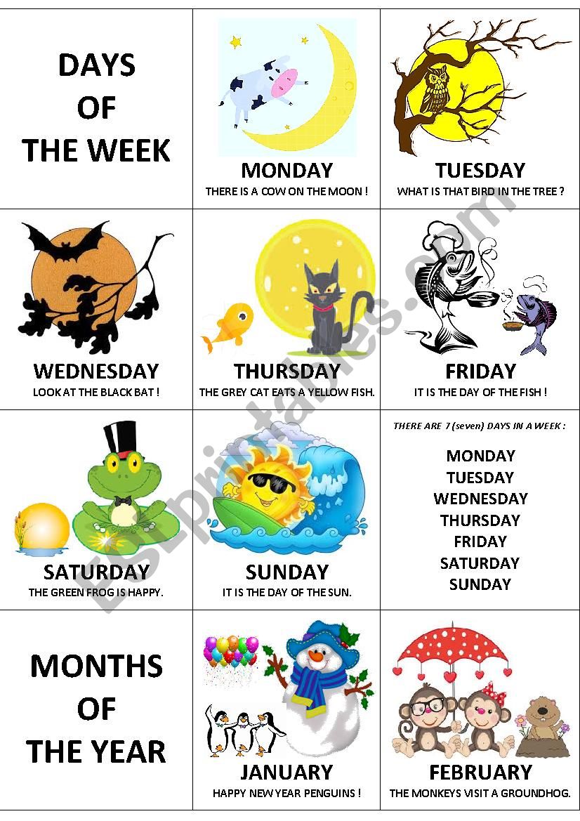 Days and months flashcards worksheet