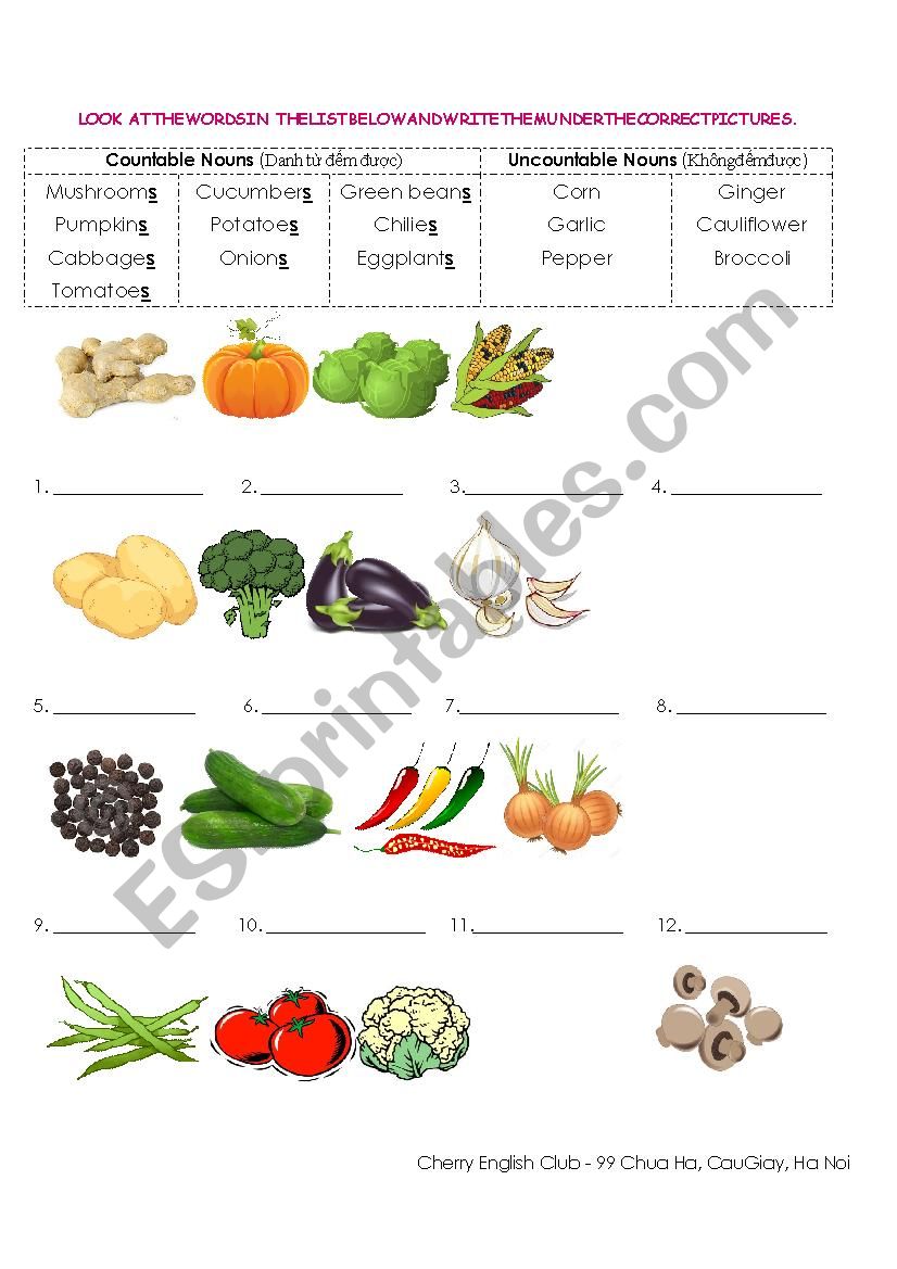 Vegetables matching pictures worksheet