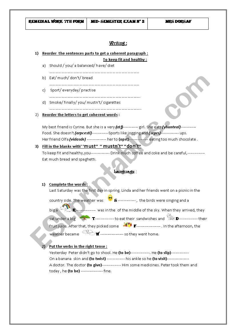 remedial work 7th form/mid semester