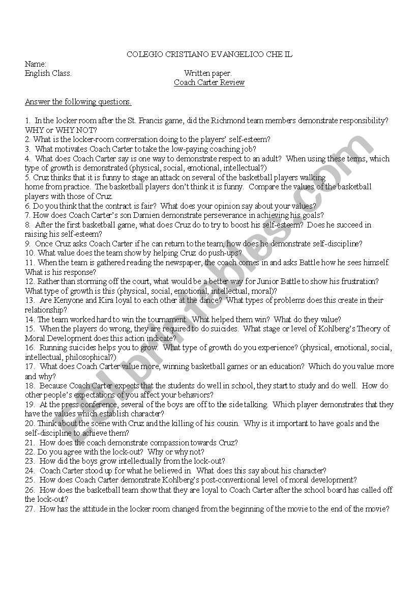 coach carter worksheet