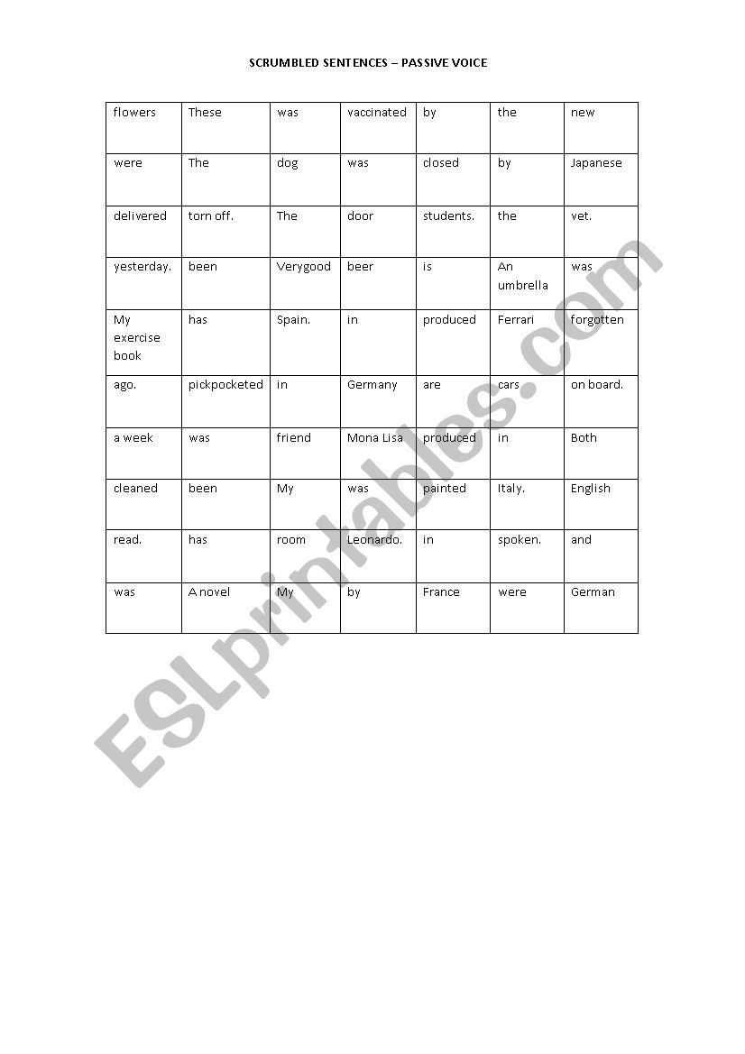 Scrumbled passive sentences worksheet