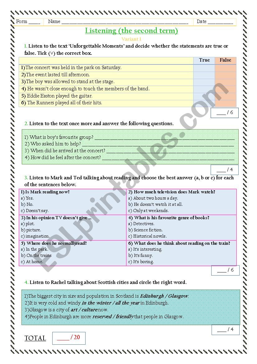 Term test in listening worksheet