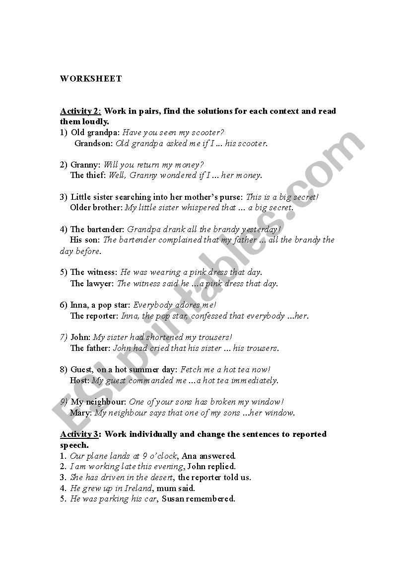 reported speech worksheet