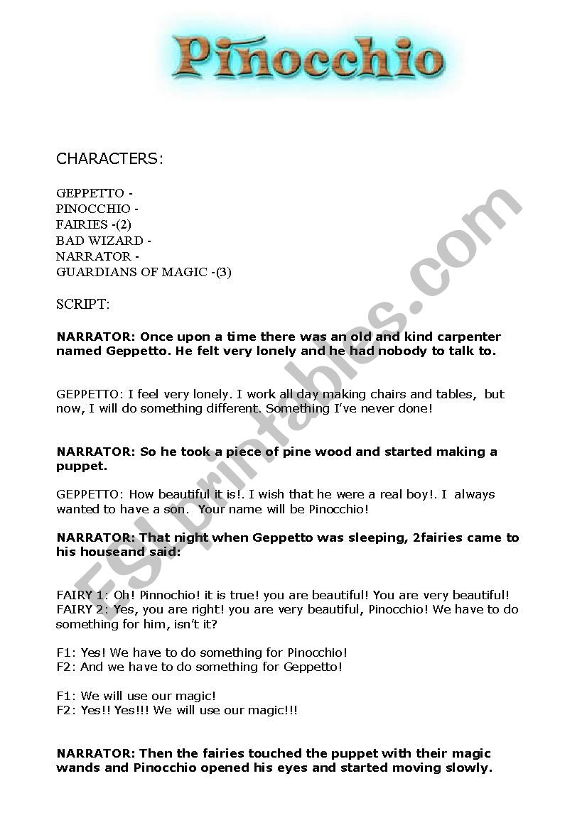 Pinocchio (Playscript) worksheet