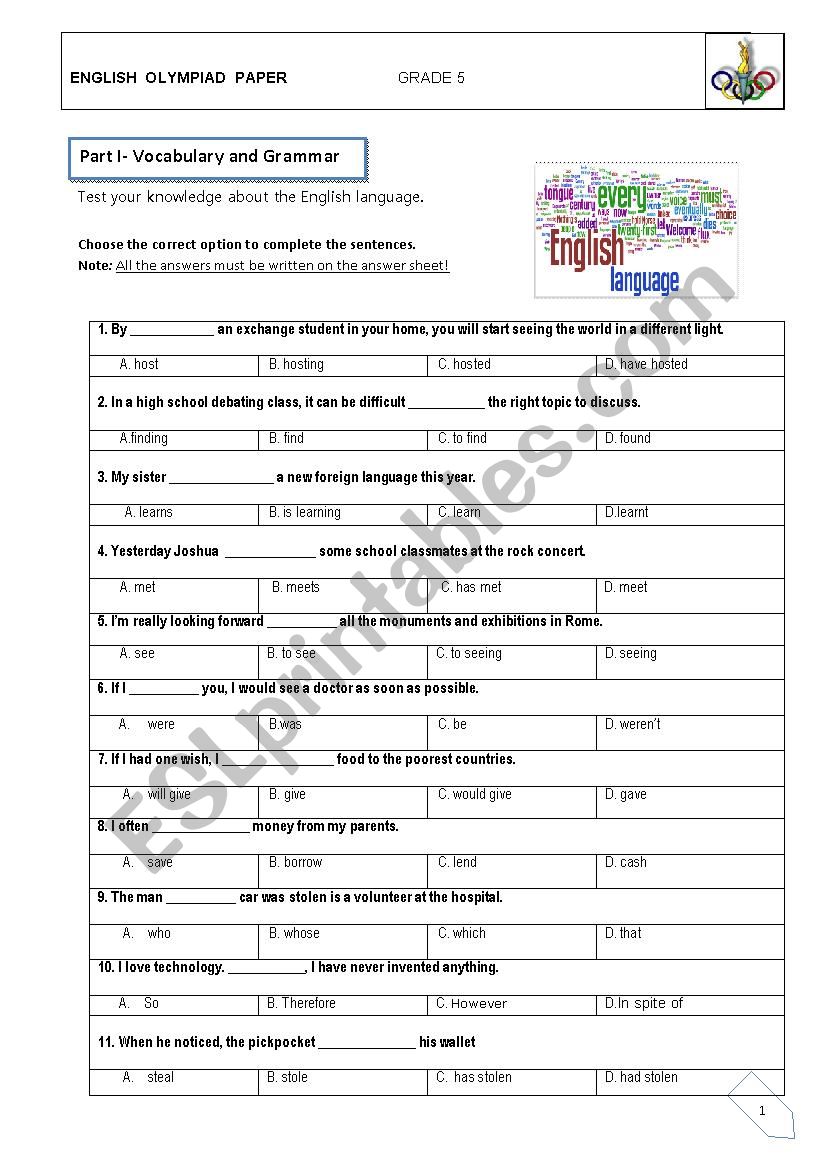 English Olympiad Worksheets For Class 2 Noun Worksheet For Grade 1 